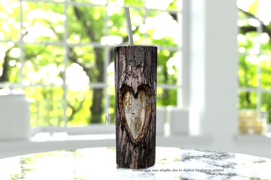 Wood heart with initials- 20oz skinny tumbler